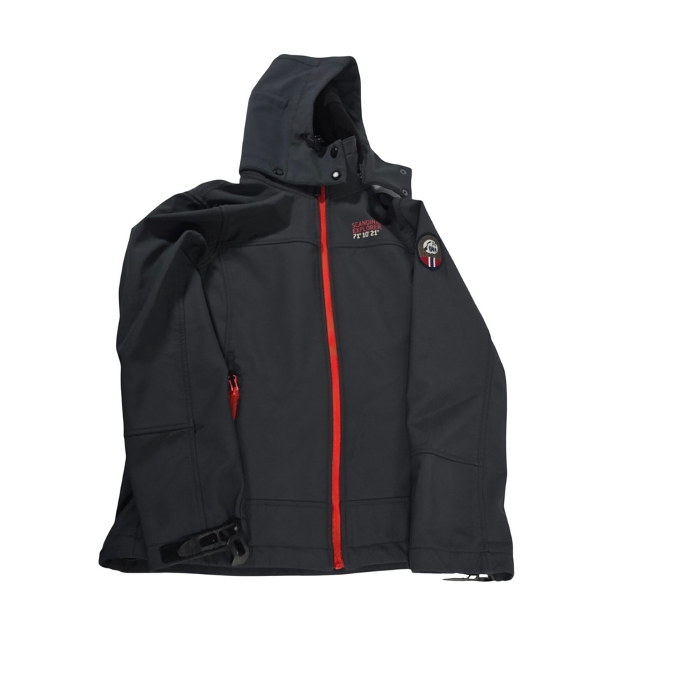 Scandinavian Explorer Mens Small Softshell Jacket Grey Red Hooded 71‎ 10 21